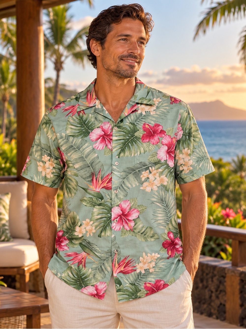 Go Barefoot Hawaiian Shirt Men’s L-Tall 100% Cotton Floral Made in USA